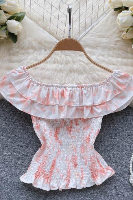 Print Ruffled Strapless Crop Tops Women Off Shoulder Elastic Waist Sleeveless Ladies Blouse