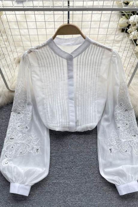 Casual Chiffon Women Shirt Hollow Out Design Lantern Sleeve O Neck Ruched Ladies Fashion Elegant Blouse