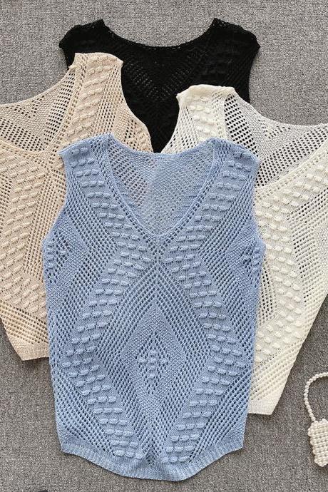 Sleeveless Knit Top Women V Neck Hollow Out Elegant Loose Ladies Outwear Vacation Casual Chic Vest