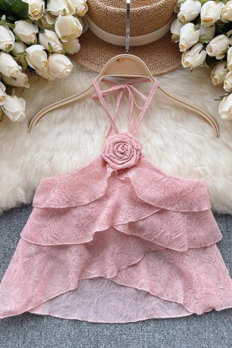 Backless Ruffles Camisole Solid Design Flower Design Fashion Ladies Casual Chic Thin Sexy Top