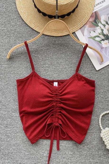 Drawstring Camisole Sport Style Women Backless Solid Top Fashion Ladies Casual Vacation Slim Crop Top