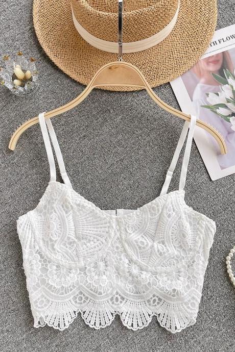 White Lace Camisole Women Fashion Strap Retro High Street Backless Ladies Elegant Casual Sexy Tank Top