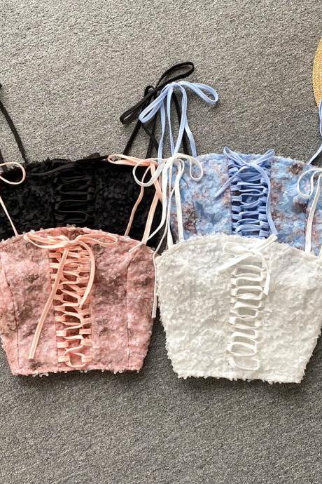 Patchwork Backless Tank Top Women Strap Lace Cross Up Slash Neck Fashion Ladies Casual Chic Sexy Camisole