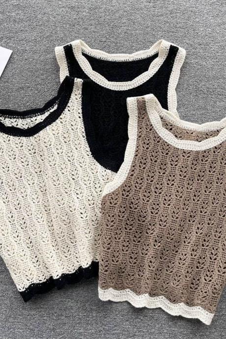 Knit Casual Women Vest O Neck Sleeveless Hollow Out Vacation Ladies Outwear Fashion Chic Tank Tops