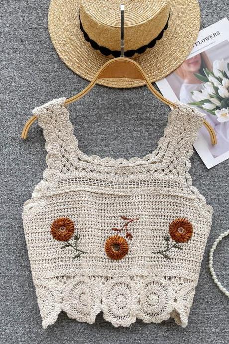 Embroidery Knit Floral Camisole Women Strap Solid Hollow Out Style Fashion Ladies Tank Tops