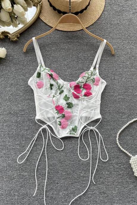 Mesh Camisole Embroidery Women Lace Up Cross White Floral Fashion Female Casual Vacation Sexy Tank Tops