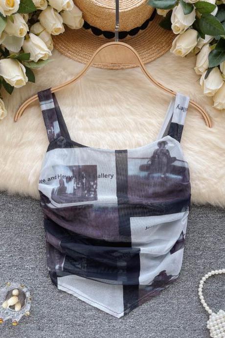 Tie Dye Print Camisole Backless Women Ruched Design Mesh Fashion High Street Ladies Slim Vacation Tank Top