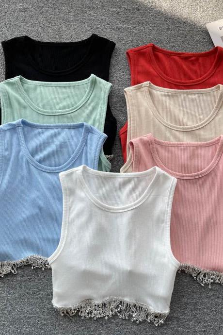 Tassel Design Knit Tank Tops Women O Neck Chain Sleeveless Slim Streetwear Female Sexy Club Crop Tops