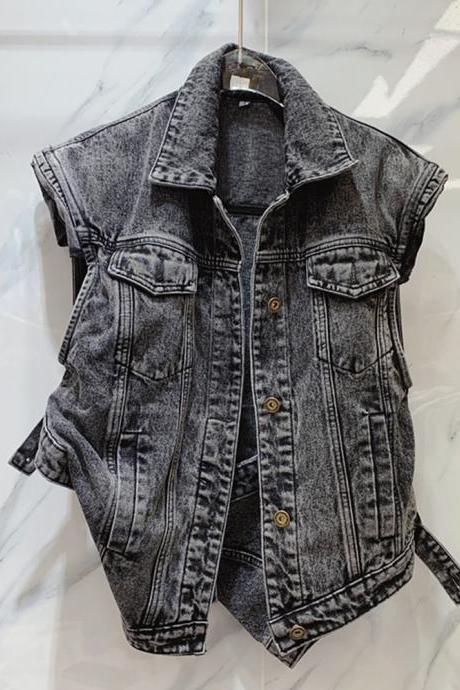 Trend Vintage Irregular Denim Vest Women&amp;#039;s Patchwork Lapel High Street Sleeveless Jacket