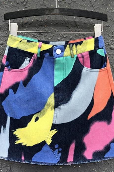 Fashion Tie Dye Print A-line Denim Short Skirt Women&amp;#039;s Slim High Waist Burrs Hip Wrap Skirts