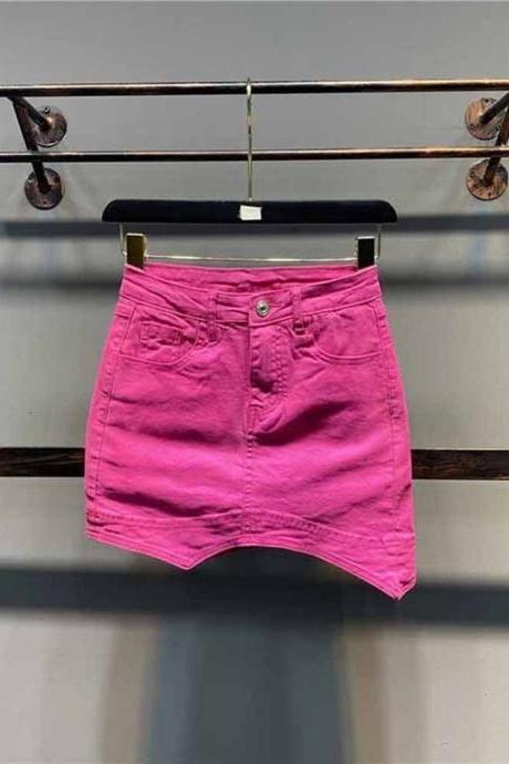 Trend Hem Irregular Design Denim Skirt Women's Solid Color High Waist Loose Mini Skirts Female