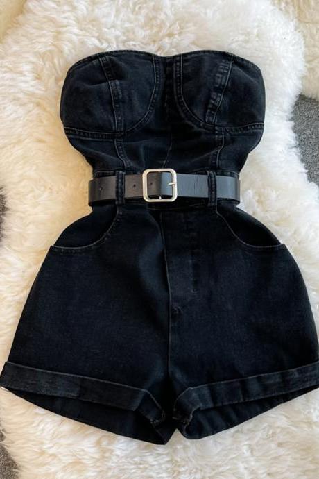 Women Tube Top Denim Playsuits Backless Sleeveless Sexy Temperament Zipper Casual Fasion Playsuits