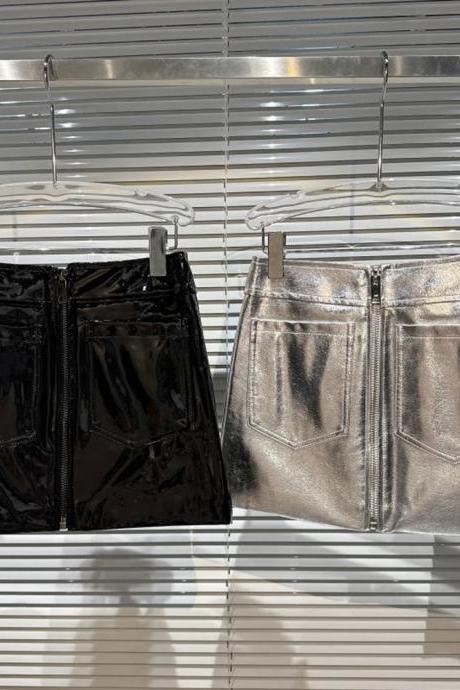 Shiny Pu Leather Zipper Design Skirts Women's Streetwear High Waist Trend Pocket Wrap Hip Skirt