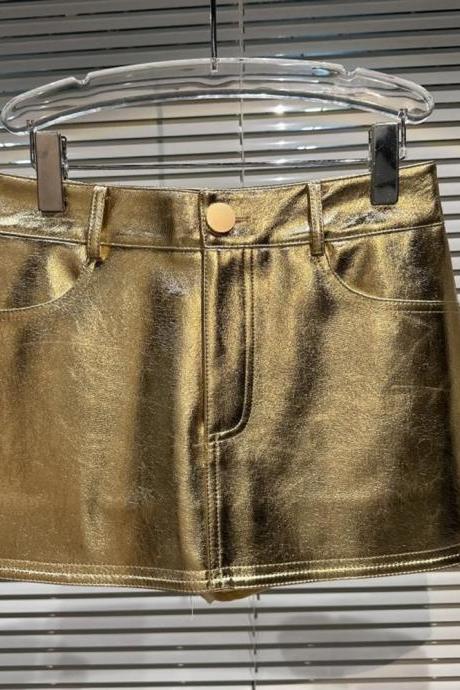 Fashion Pu Leather Mini Skirt Women's Causal Shiny Solid Color High Waist Wrap Hip Skirts