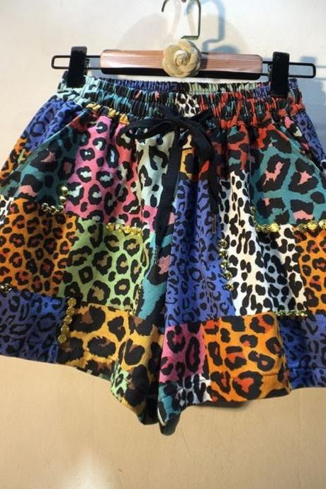 Fashion Beaded Drawstring Elastic Waist Leopard Shorts Women&amp;#039;s Casual Loose Wide Leg Pants Women