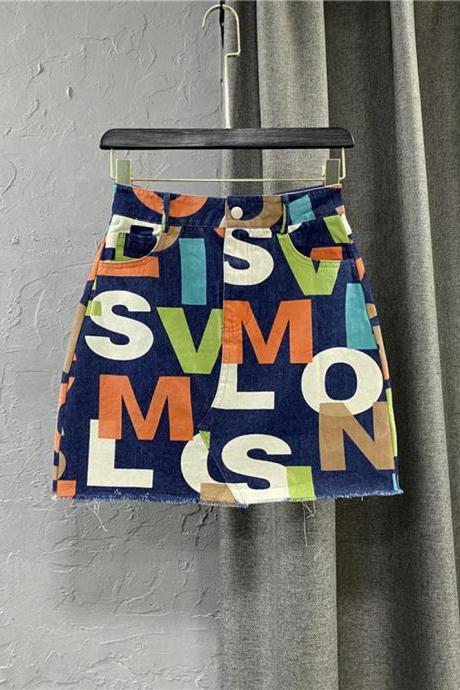 Fashion Color Lettering Denim Skirt Women&amp;#039;s High Waist Slim A-line Mini Hip Wrap Skirts