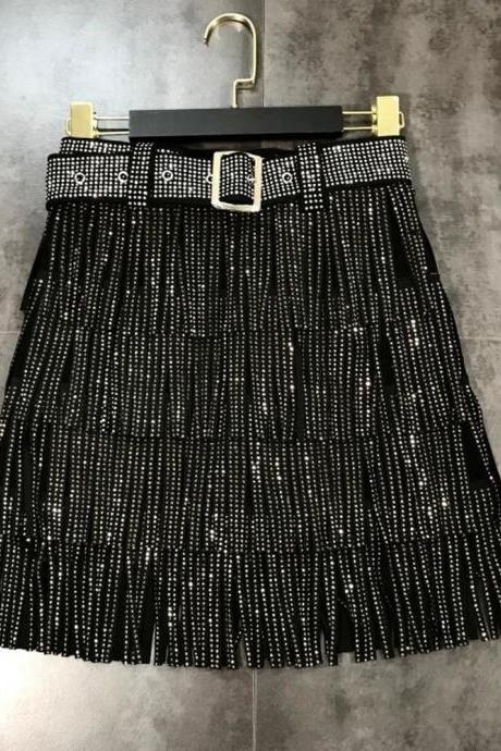 Women Black Rhinestones Tassel Belt Skirt Arrivals High Waist Fashion Temperament Skirt