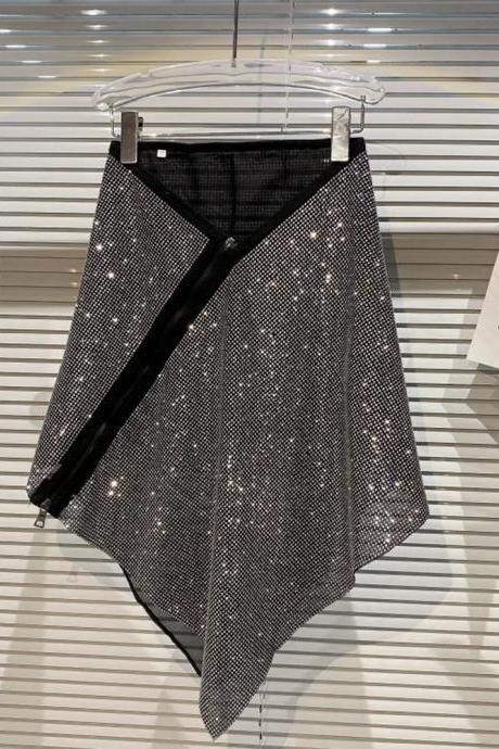 Irregular Diagonal Zipper Design Skirt Women Shiny Rhinestone Party High Waist Mini Skirts