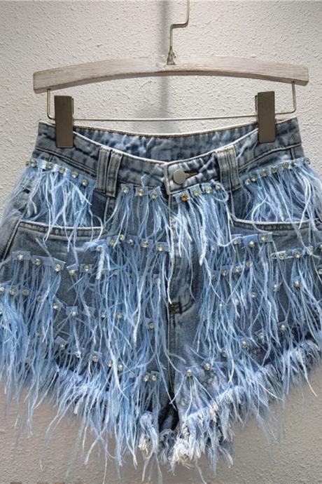 Streetwear Trend Feather Diamond Tassel Designer Splice Denim Shorts Women High Waist Versatile Jeans