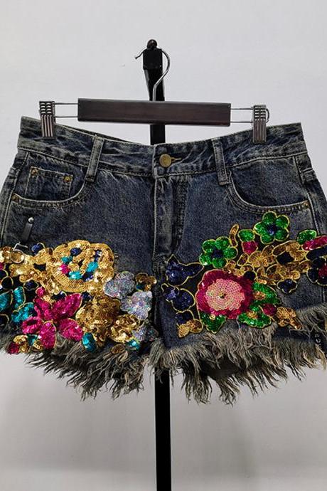 Trend Sequin Floral Burrs Hole Denim Shorts Women's Vintage High Waist Wide Leg Short Jeans