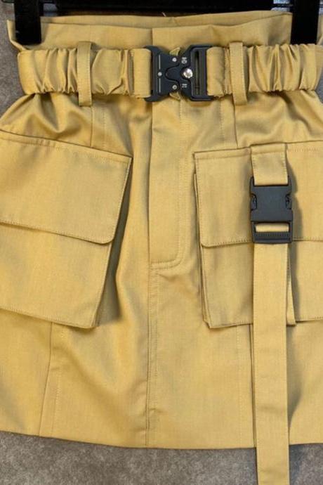 Fashion Simple Pocket Belts Cargo Skirt Women&amp;#039;s Loose Versatile High Waist Mini Skirts
