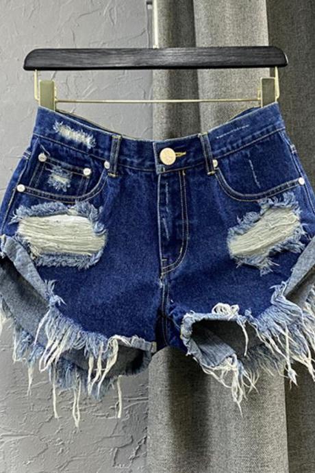 Streetwear Burrs Tassel Hem Loose Wide Leg Denim Shorts Women&amp;#039;s Hole High Waist Distressed Jeans