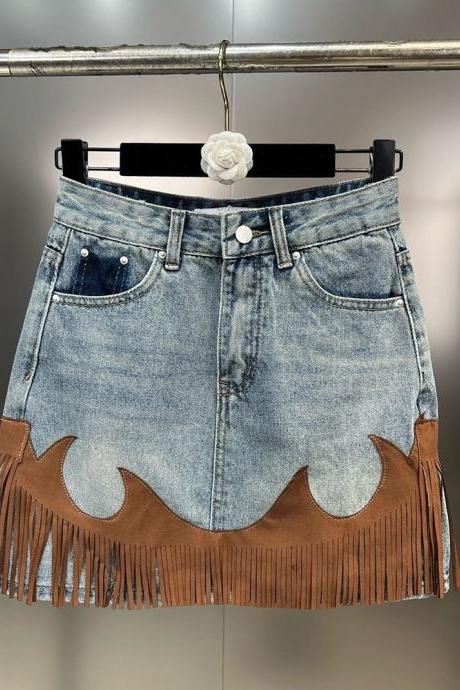 Personality Splice Tassel Leather Denim Skirt Women&amp;#039;s Contrasting Color High Waist Loose Skirts