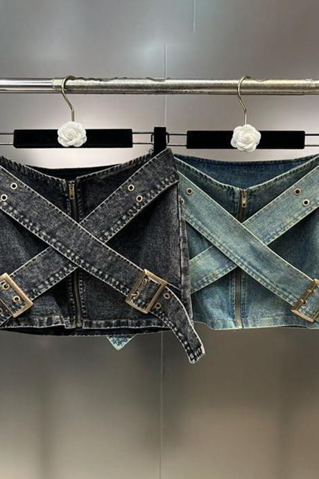 Vintage Cross Bandage Designer Denim Skirt Women's Distressed Streetwear Wrap Hip Skirts