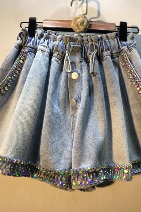 Fashion Diamond Sequin High Waist Denim Shorts Women's Loose Casual Drawstring Wide Leg Jeans