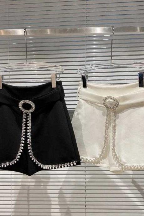 Solid Color Nature Waist Pearl Nailed Beading Edge Fake Two Pieces Shorts