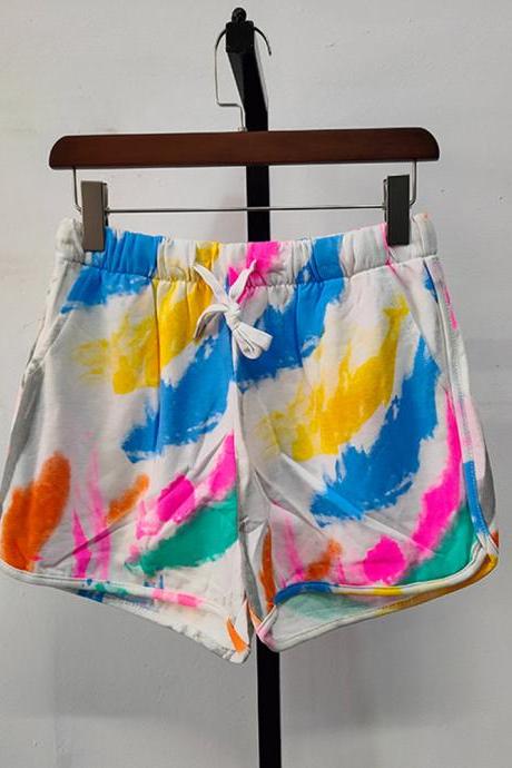 Trend Color Graffiti Sports Shorts Women Drawstring Elastic Waist Casual Wide Leg Short Pants