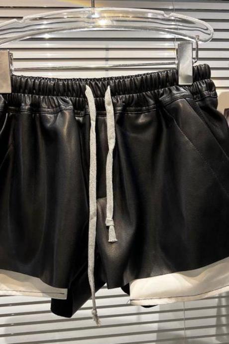 Fashion Splicing Contrast Color Drawstring Design Leather Short Pant Women&amp;#039;s High Waist Elastic Shorts