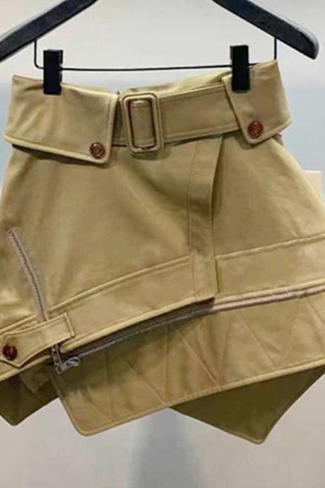 Irregular Fake Two Piece Belt Zipper Chic Designer Skirt Women&amp;#039;s Solid Color Vintage Streetwear Skirts