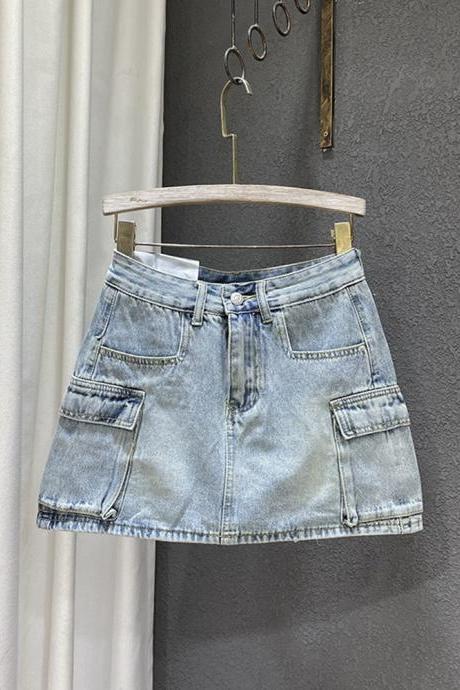 Vintage Trend Pocket Patchwork Streetwear Cargo Skirt Women High Waist Loose Denim Wrap Hip Skirts
