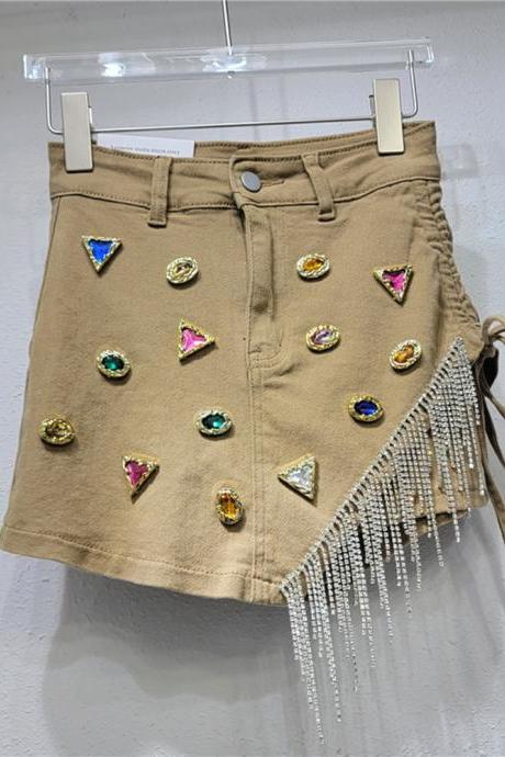 Shiny Diamond Splice Irregular Hem A-line Denim Short Skirt Women&amp;#039;s Rhinestone Tassel Skirts