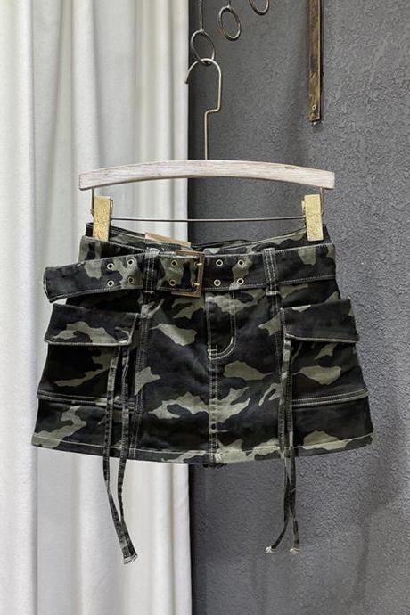 Trend Camouflage Bandage Cargo Skirt Women&amp;#039;s Patchwork Pocket Belt Loose Wrap Hip Skirts