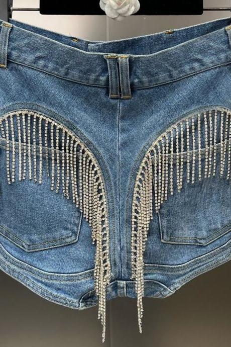 Personality Back Diamond Tassel Patchwork Denim Shorts Women's High Waist Streetwear Trend Jeans