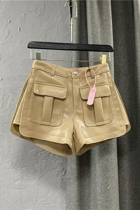 High Waist Cargo Loose Pockets Short Pants Women&amp;#039;s Fashion Solid Color Pu Leather Wide Shorts
