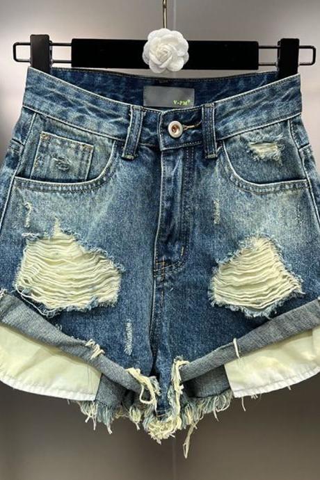 Vintage Hole Burrs Patchwork Denim Shorts Women Personality Streetwear Trend Irregular Hem Short Jeans