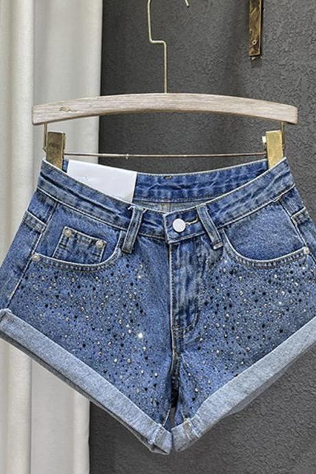 Shiny Diamond Denim Shorts Women&amp;#039;s High Waist Loose Cuff Hem Wide Leg Short Jeans