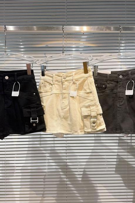 Streetwear Trend Patchwork Pockets Cargo Denim Skirt Women&amp;#039;s High Waist Solid Color Skirts