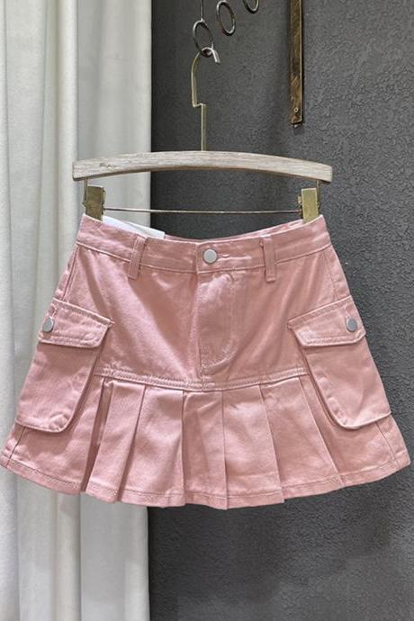 Pocket Patchwork Cargo Mini Denim Skirt Women&amp;#039;s High Waist Solid Color Pleated Skirts Female Trend