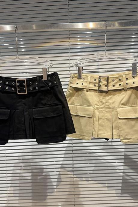 Streetwear Belt Personality Designer Pleated Skirt Women's High Waist Sexy Slim Short Skirts