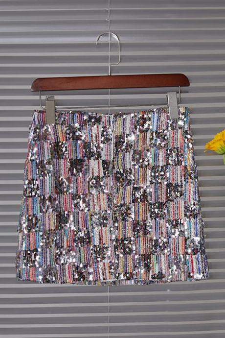 Trend Shiny Sequin Patchwork Rainbow Skirt Women's High Waist Slim Versatile Wrap Hip Skirts