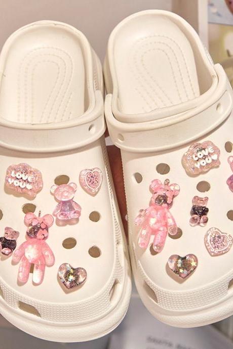 12pcs/set Glitter Love Bear Novelty Cute Shoe Croc Charms Pvc Shoe Decorations Clogs Sneakers Slippers Accessories