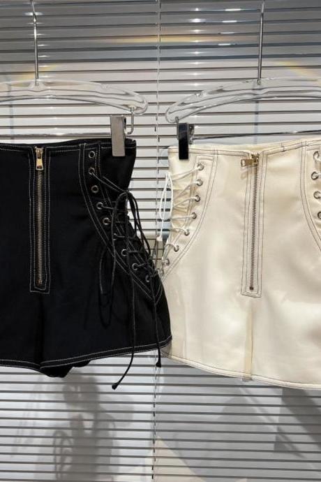Trend Side Drawstring Design Shorts Women&amp;#039;s Solid Color High Waist Zippered Short Pants
