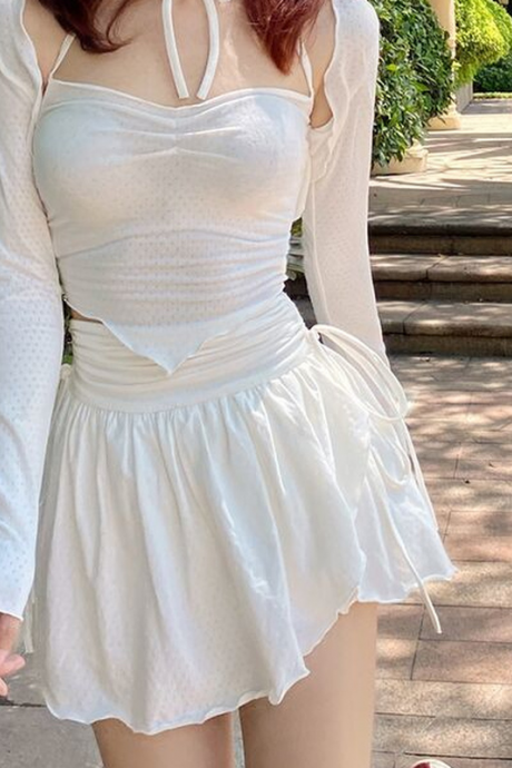 Sexy Cute White Mini Skirt Women Drawstring Folds High Waist Irregular Ruffle Patchwork Fairycore Short Skirts
