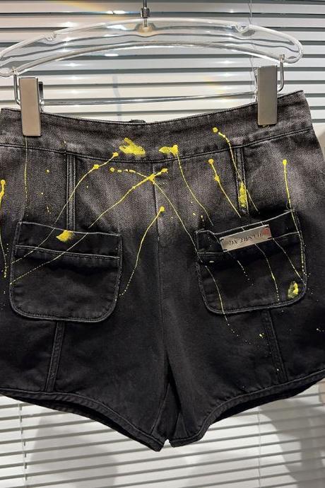 Trend Streetwear Graffiti Gradient Color Denim Shorts Women High Waist Zipper Wide Leg Short Jeans