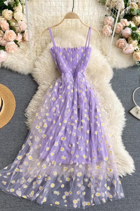 Fashion Daisy Flower Print Mesh Dress Two Layers Spaghetti Strap Vacation Midi Dress Beach Vestidos