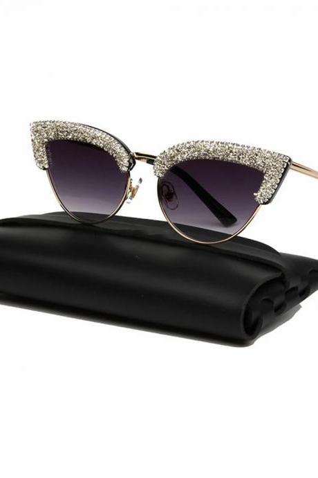 Fashion Cat Eye Sunglasses Women Designer Vintage Half Frame Gravel Rhinestone Sun Glasses Men Shades